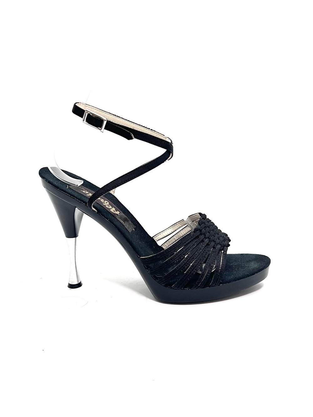 Vintage 1970s black fabric strappy woven metal spike disco dancing heels